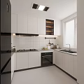 Modern Kitchen Interior With White Cabinets Black Appliances Tile Backsplash And Window Blinds