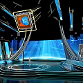 Futuristic Tech Stage With Chip Graphic Large Screen Blue Lighting And Figure