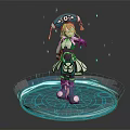 Pink Haired Game Movie Character With Decorative Blue Hat White Blue Outfit And Glowing Circular Platform