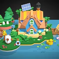 Cartoon Scene With Blue House Solar Panel Roof Green Trees Bunny Rabbits And Yellow Duck