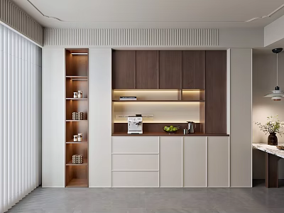 Modern Sideboard Design with Walnut White Cabinets Built-in Lighting and Fruit Bowl on Countertop 3d model