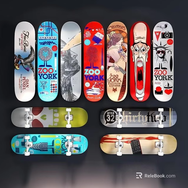 Multiple Branded Skateboards With Colorful Designs And Various Graphics Displayed 3d model 