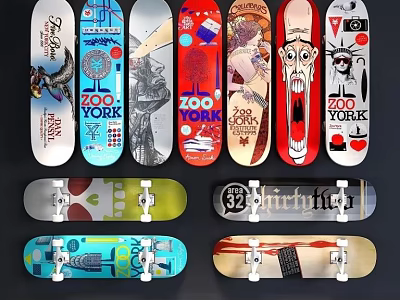 Multiple Branded Skateboards With Colorful Designs And Various Graphics Displayed 3d model