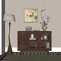 Wooden Decorative Cabinet With Drawers Glass Doors Decorations Beside Floor Lamp And Bamboo Wall Painting