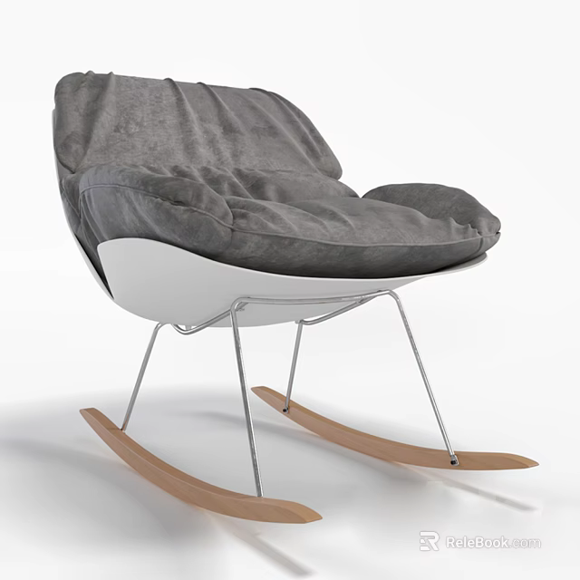 Comfortable Leisure Chair With Gray Plush Cushion And White Metal Rocking Base 3d model 