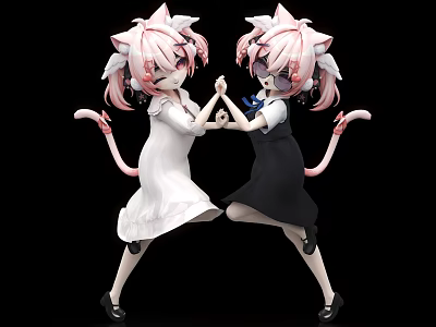 Game And Anime Characters With Pink Hair Cat Ears Tails In Interacting Pose 3d model