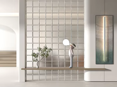 Modern Room Divider Grid Design With Transparent Panels Wooden Shelf And Decorative Lighting 3d model