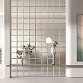Modern Room Divider Grid Design With Transparent Panels Wooden Shelf And Decorative Lighting
