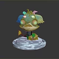 Teal Horned 3D Cartoon Creature With Orange Eyes Standing On Ice Base Platform