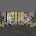 Elegant Hotel Public Lounge With Comfortable Sofas Large Windows And Decorative Screens 3d model