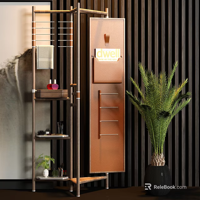 Modern Metal Storage Shelf With Palm Plant Towel Bottles And Dark Wall Decor 3d model 
