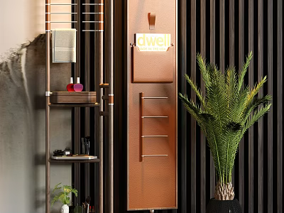 Modern Metal Storage Shelf With Palm Plant Towel Bottles And Dark Wall Decor 3d model