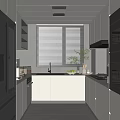 Modern Kitchen Interior With White Cabinets Black Refrigerator Countertop And Window Blinds