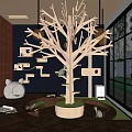 Indoor Cat Play Area With Wooden Tree Structure Wall Mounted Houses And Green Base