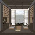 Japanese Style Tea Room Interior with Tatami Mats Wooden Shelves Natural Light and Plant
