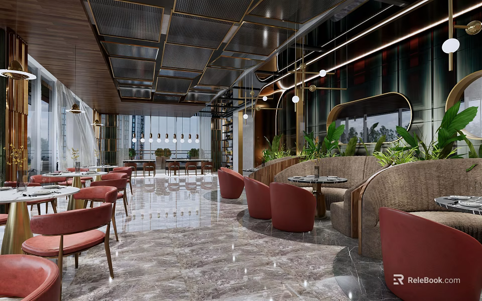 Modern Restaurant Interior With Red Seats Marble Flooring And Green Plants 3d model 