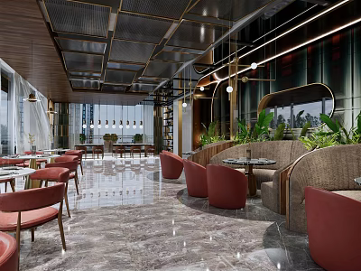 Modern Restaurant Interior With Red Seats Marble Flooring And Green Plants 3d model