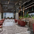 Modern Restaurant Interior With Red Seats Marble Flooring And Green Plants