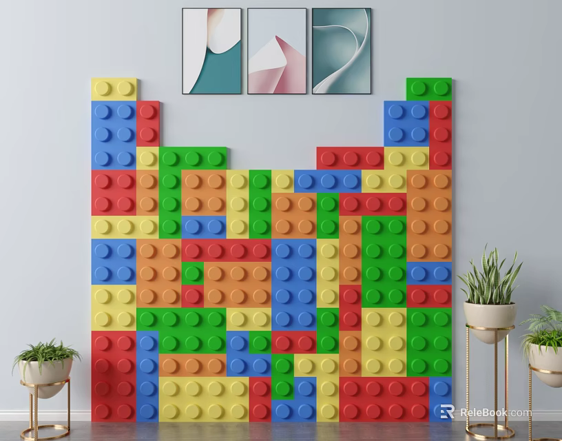 Colorful LEGO Brick Decorative Wall With Framed Artworks And Potted Plants 3d model 