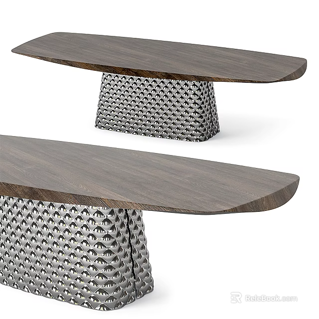 Modern Wooden Slab Top Dining Table With Woven Metal Geometric Base Design 3d model 