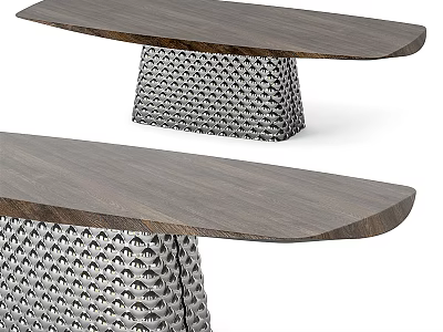 Modern Wooden Slab Top Dining Table With Woven Metal Geometric Base Design 3d model