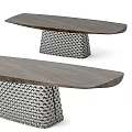 Modern Wooden Slab Top Dining Table With Woven Metal Geometric Base Design
