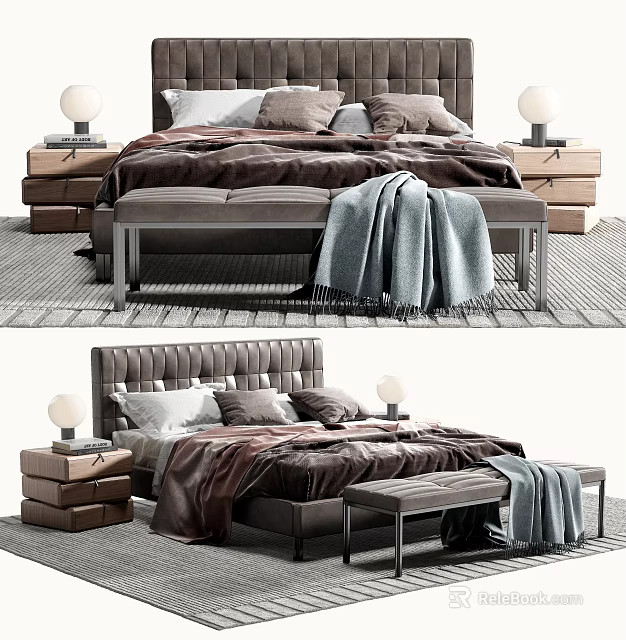 Double Bed With Tufted Headboard Brown Bedding Pillows And Bench With Gray Blanket 3d model
