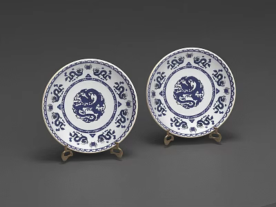 Blue and White Ceramic Plates Featuring Dragon Motifs and Patterns on Display Stands 3d model