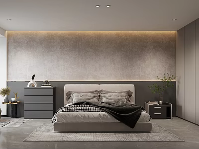 Modern Minimalist Bedroom with Textured Gray Wall Bedside Tables Pillows Blanket Plants Recessed Lighting 3d model