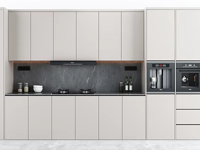 Modern Kitchen Sideboard With Gray Cabinetry Dark Countertop And Built In Appliances 3d model