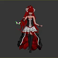 Anime Style Character With Red Long Hair Black Red Dress Silver Decorations And Colorful Butterfly