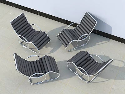 Four Modern Black Striped Lounge Chairs With Metal Frame On Tile Floor 3d model