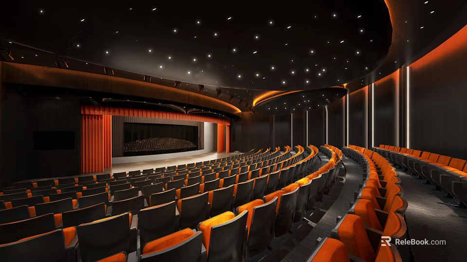 Modern Cinema Hall Interior With Black And Orange Seats Curved Arrangement And Starry Ceiling Lights 3d model 