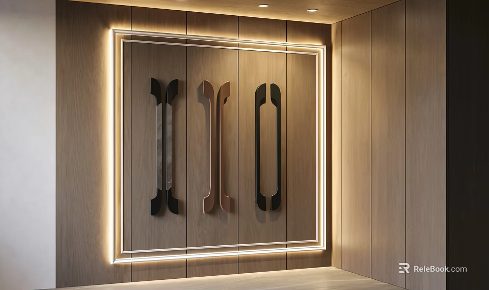 Elegant Modern Cabinet Handles With Metal And Wooden Design On Wooden Wall With Lighting Frame 3d model 