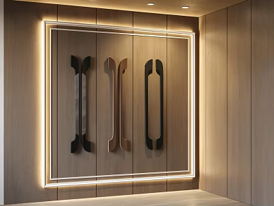 Elegant Modern Cabinet Handles With Metal And Wooden Design On Wooden Wall With Lighting Frame 3d model