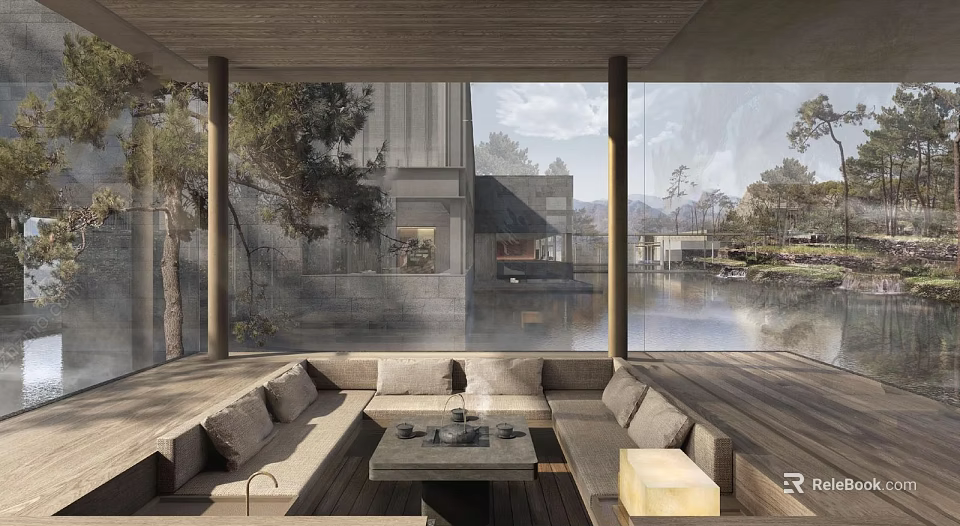 Hotel Public Lounge With Large Glass Windows Natural Landscape Views And Comfortable Sofa Seating 3d model 
