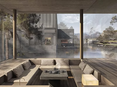 Hotel Public Lounge With Large Glass Windows Natural Landscape Views And Comfortable Sofa Seating 3d model
