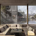 Hotel Public Lounge With Large Glass Windows Natural Landscape Views And Comfortable Sofa Seating
