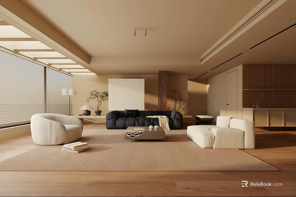 Modern Living Room Interior Design With Beige Sofas Area Rug And Large Windows 3d model 