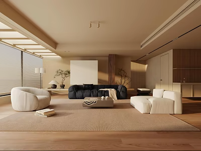 Modern Living Room Interior Design With Beige Sofas Area Rug And Large Windows 3d model