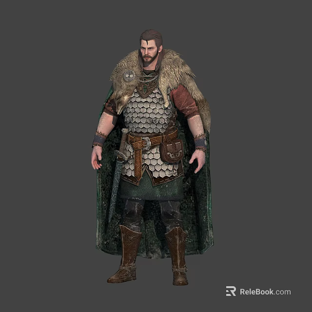 Male Game Film Character Wearing Metal Scale Armor Fur Cloak Green Pants Brown Boots 3d model 