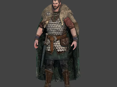 Male Game Film Character Wearing Metal Scale Armor Fur Cloak Green Pants Brown Boots 3d model
