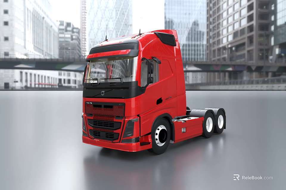 Red Volvo Commercial Truck In Urban City Background With Modern Buildings 3d model 