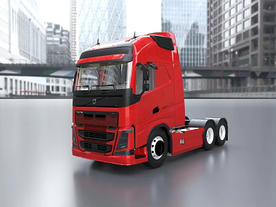 Red Volvo Commercial Truck In Urban City Background With Modern Buildings 3d model