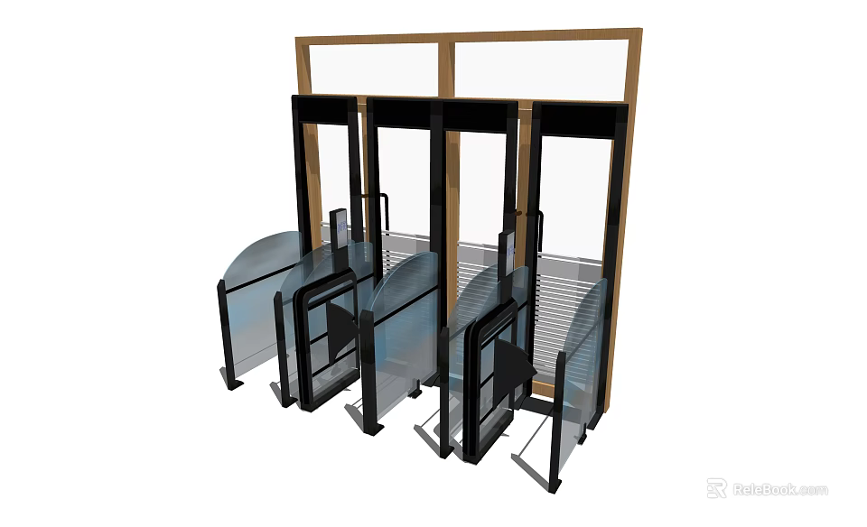 Public Facility Access Control System With Glass Doors And Metal Frame Turnstiles 3d model 
