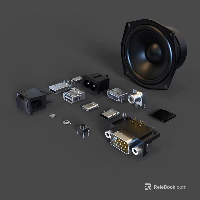 3D Rendered Computer Accessories Including Ports Connectors and Speaker Components 3d model 