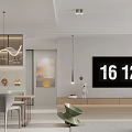 Modern Open Living Dining Room With Beige Sofa Green Chair Abstract Painting White Cabinets And Rug