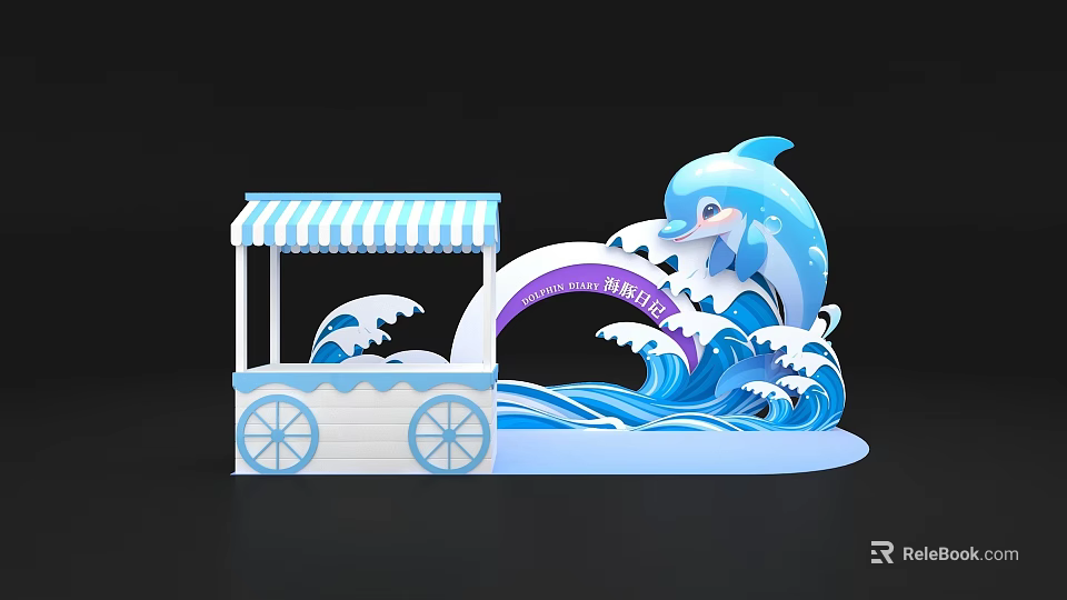 Vibrant Check-in Area Featuring Blue Dolphin Waves and Striped Cart Awning 3d model 