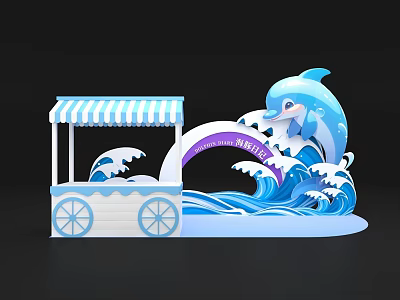 Vibrant Check-in Area Featuring Blue Dolphin Waves and Striped Cart Awning 3d model