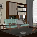 Cozy Living Room Interior with Light Green Sofa Floor Lamp Wooden Cabinet and Window Blinds